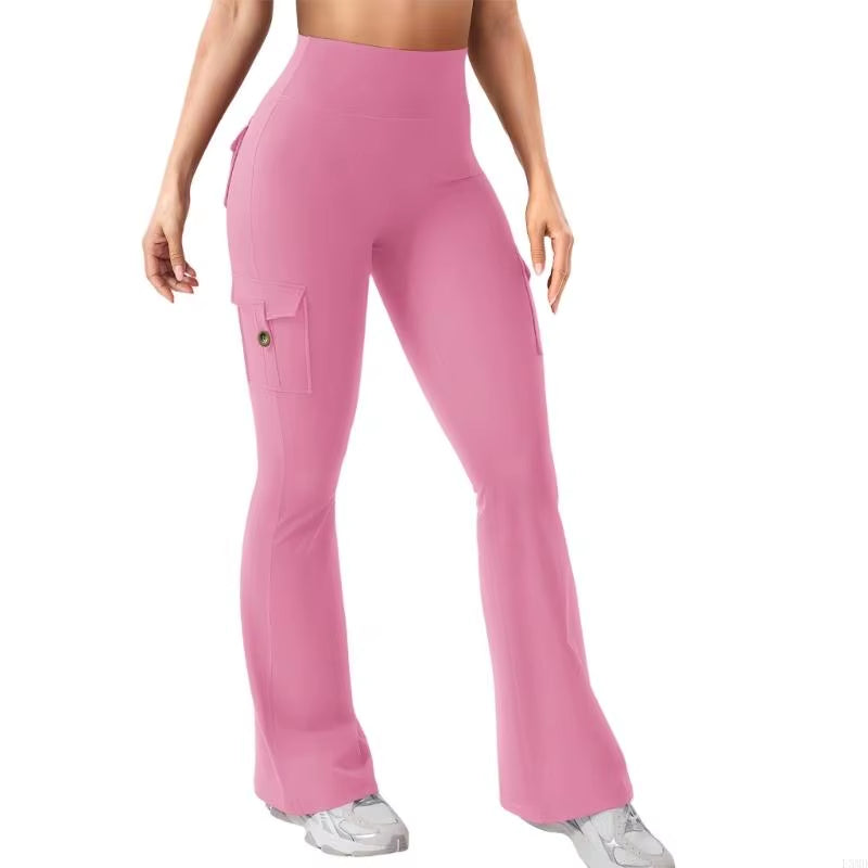 Women'S Cargo Pants High Waist Fashion Flared Elastic for Training Wide Leg Yoga Pants with Pockets F3MD